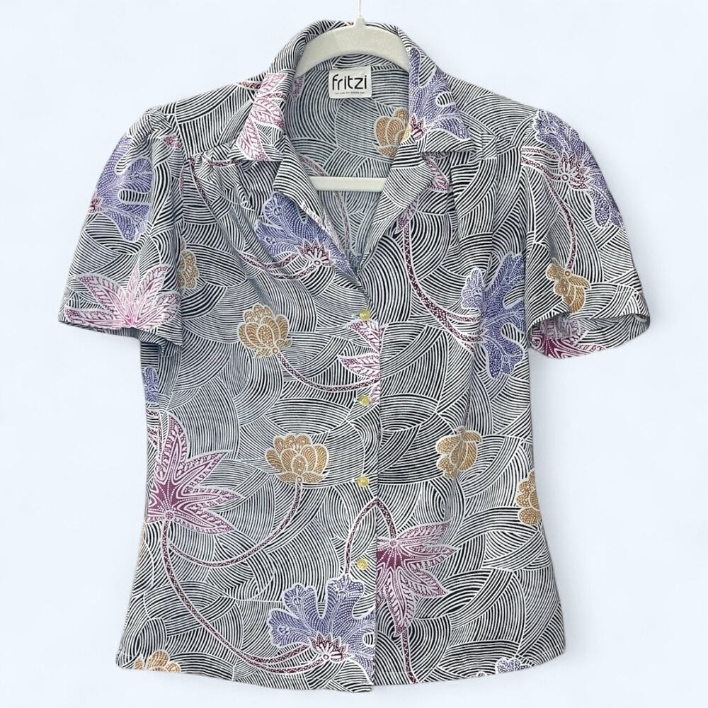 Vintage 70s Fritzi Black Floral Blouse | Short Sleeve Button-Up | Women’s XS–S